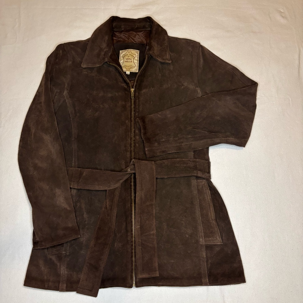 Vintage Italian Suede Leather Belted Womens Jacket Vera Pelle Artisan Made Brown